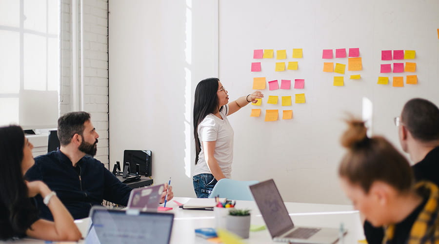 Dame peker på en vegg full av forskjellige post-it lapper mens resten av teamet ser på og diskuterer