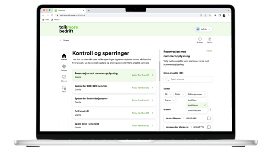 Skjermbilde av bulkendring i selfcare