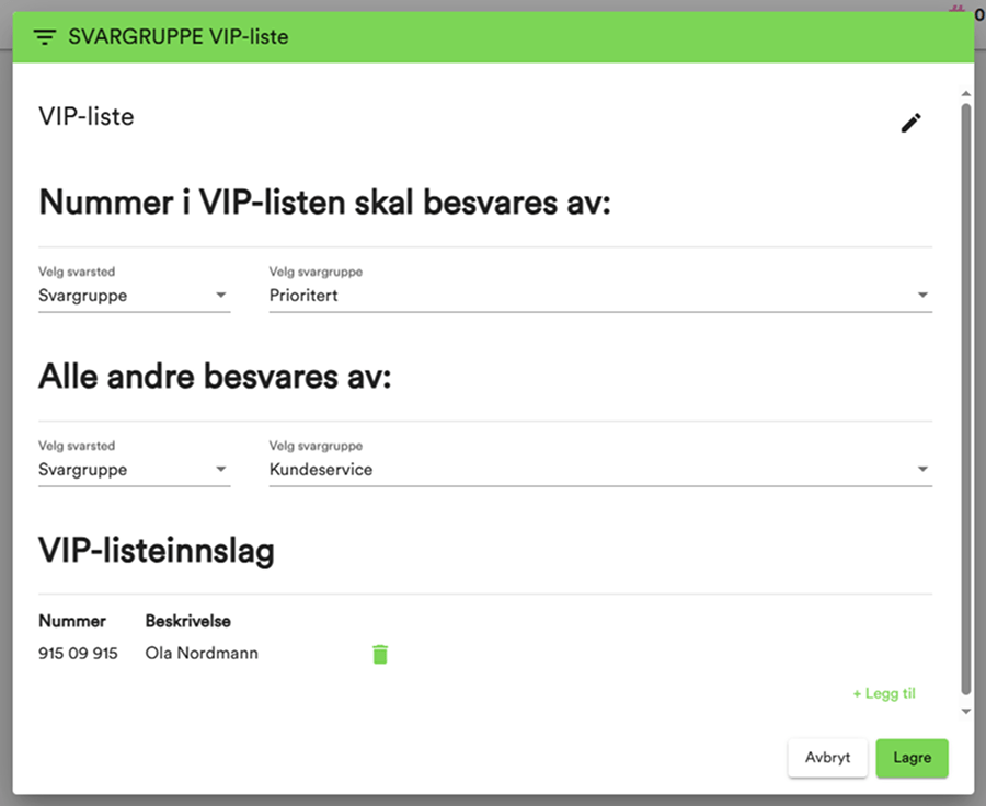 Skjermbilde av VIP-liste