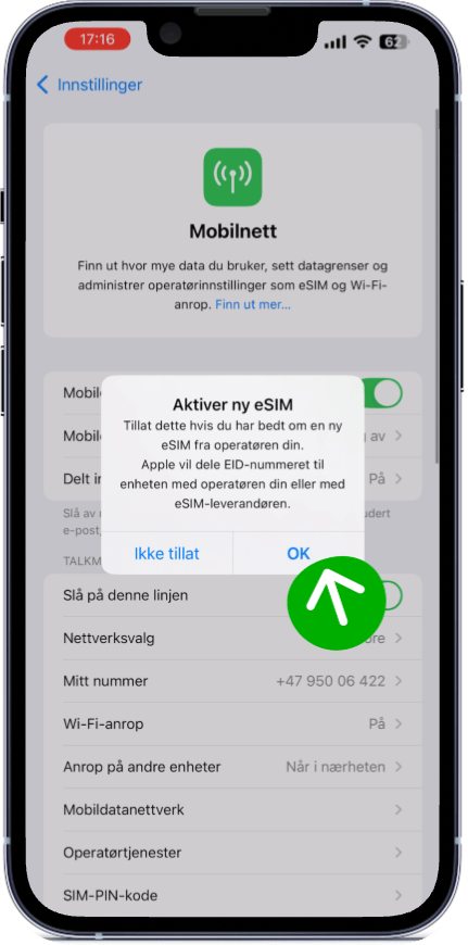 Popup på iPhone. Trykk OK for å starte aktivering.