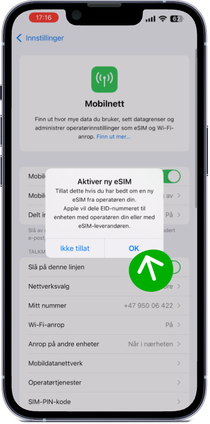Popup på iPhone. Trykk OK for å starte aktivering.