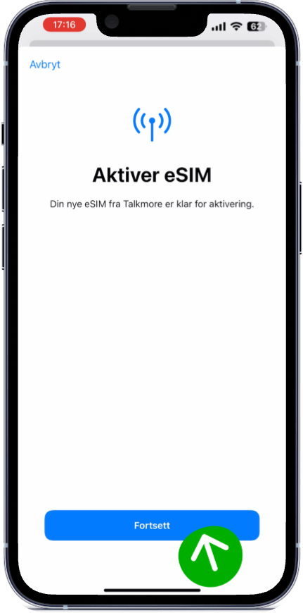 Bekreft aktivering av eSIM. Trykk Fortsett.