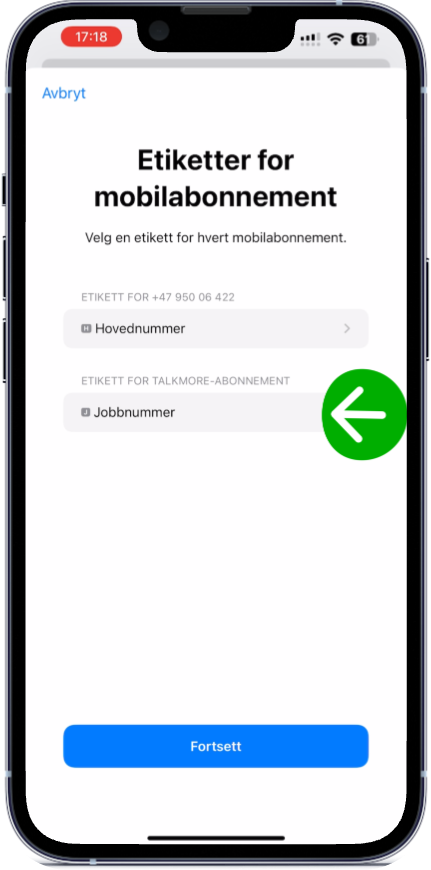 Velg navn på linjene (f.eks. Privat/Jobb). Trykk Fortsett.