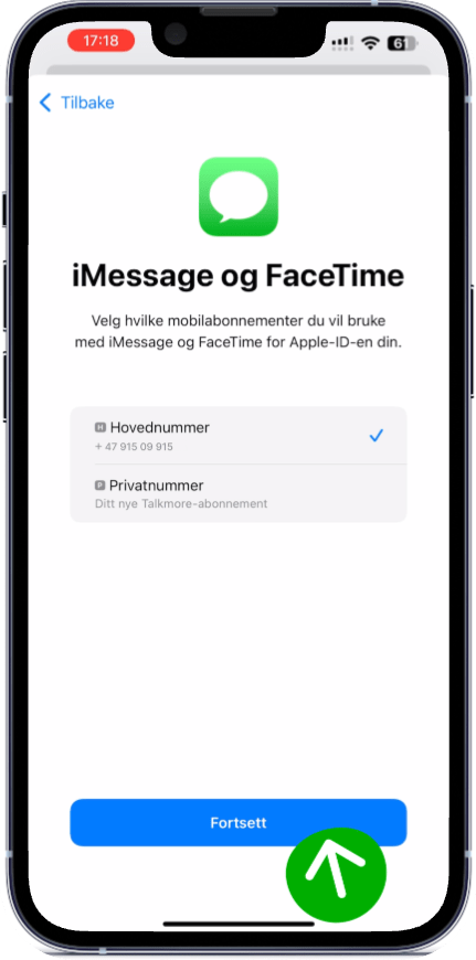 Velg datalinje og slå på Tillat bytting av mobildata. Trykk Fortsett.