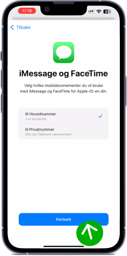 Velg datalinje og slå på Tillat bytting av mobildata. Trykk Fortsett.