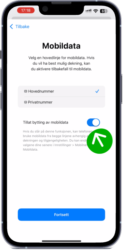 Velg linje for iMessage og FaceTime. Trykk Fortsett.