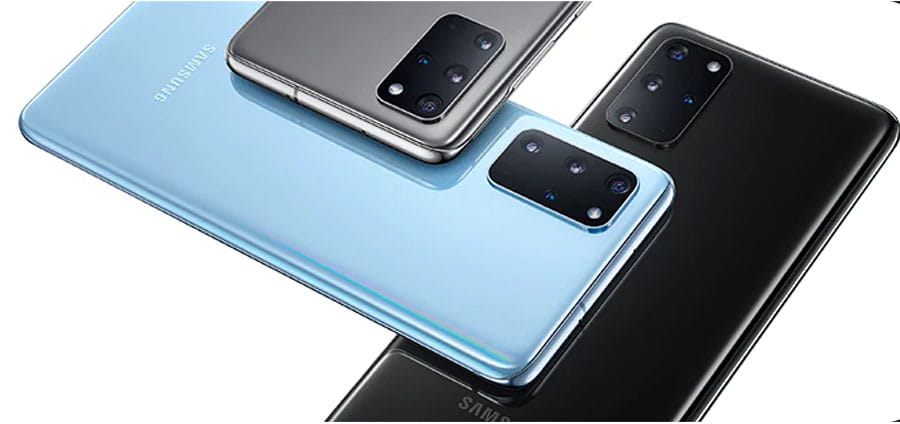 Bilde av tre Samsung-telefoner i forskjellige farger