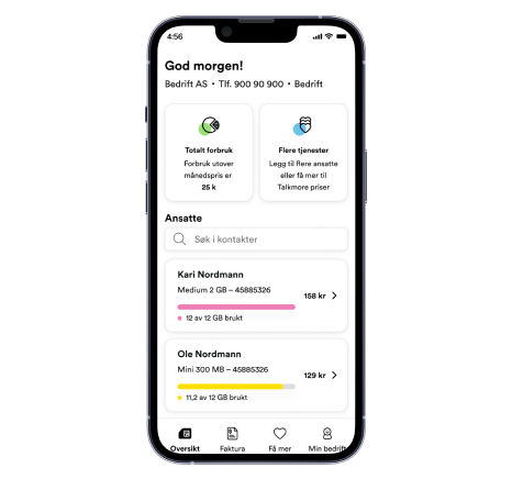 Skjermbilde fra Talkmore-appen for administrator i bedriften