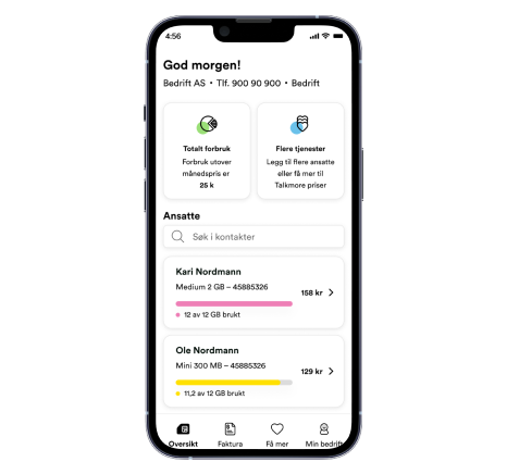 Skjermbilde fra Talkmore-appen for administrator i bedriften