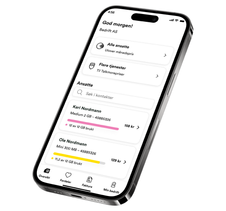 Skjermbilde fra Talkmore-appen for bedrift, administrator
