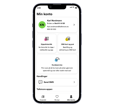 Skjermbilde fra Talkmore-appen for bedrift, min konto
