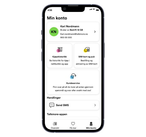 Skjermbilde fra Talkmore-appen for bedrift, min konto