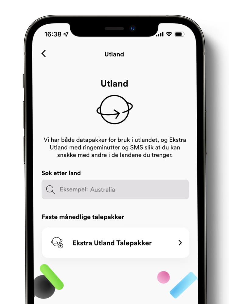 Skjermbilde av utlandsiden i appen